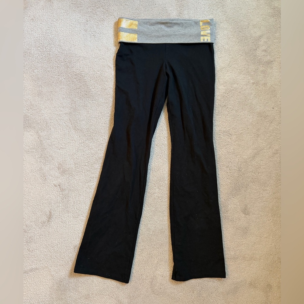 Victoria's Secret PINK black yoga pants fold over leggings gold bling flare y2k